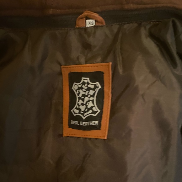 Women's Bomber Cognac Brown Leather Jacket with Removeable Hood - Picture 6 of 9